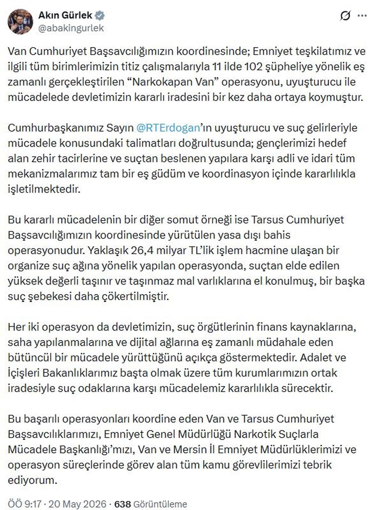 Adalet Bakanı Gürlek: Suç Örgütleriyle Mücadeleye Kesinlikle Devam Edeceğiz